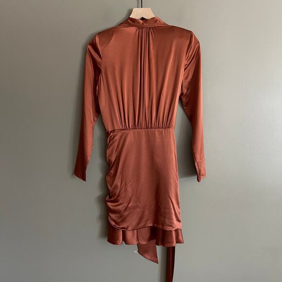NWT Veronica Beard Agatha Wrap Dress in Cognac Size 2 Brown Silky Satin Ruched - Picture 11 of 16